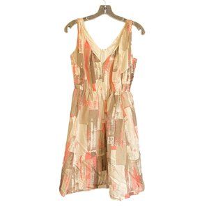 BANANA‎ REPUBLIC PINK/BEIGE/WHITE 100% SILK GEO PRINT PLEATED FLARE DRESS SZ 2